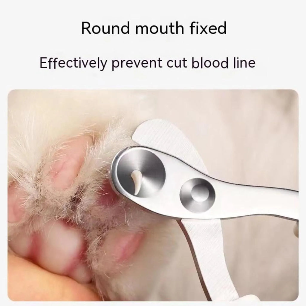 Blue pet nail clippers with a circular cutting hole and cushioned non-slip handle.