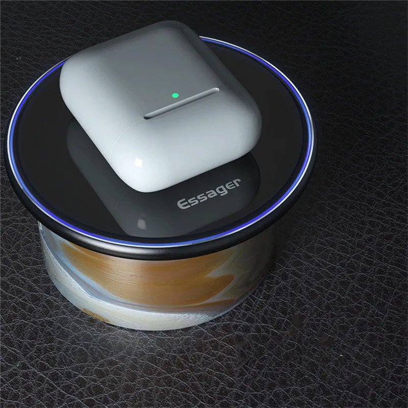 Black or white 15W Qi fast wireless charging pad with LED indicator light on anti-slip aluminium base.
