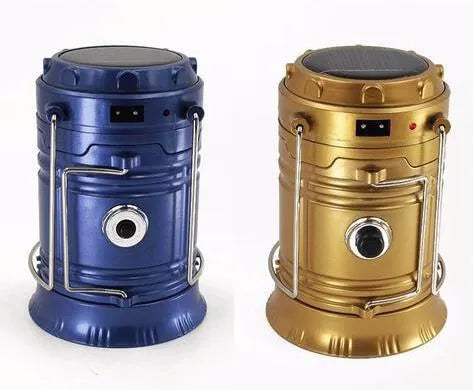 LED solar camping lantern collapsible with reflective lenses and rubber handle, 9x13x7.5cm, water resistant ABS construction