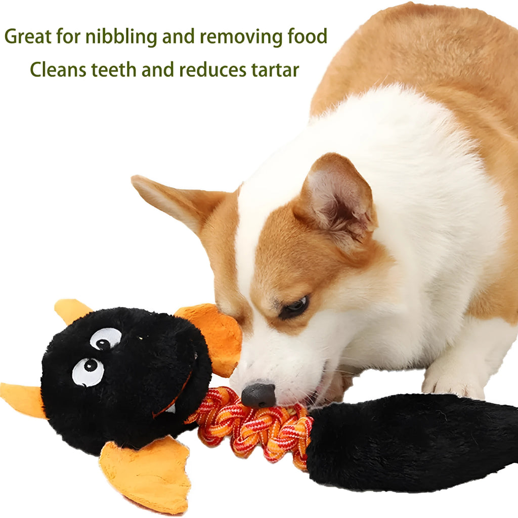 Large black plush dog toy with cartoon shape, rope knot, and squeaker for aggressive chewers.