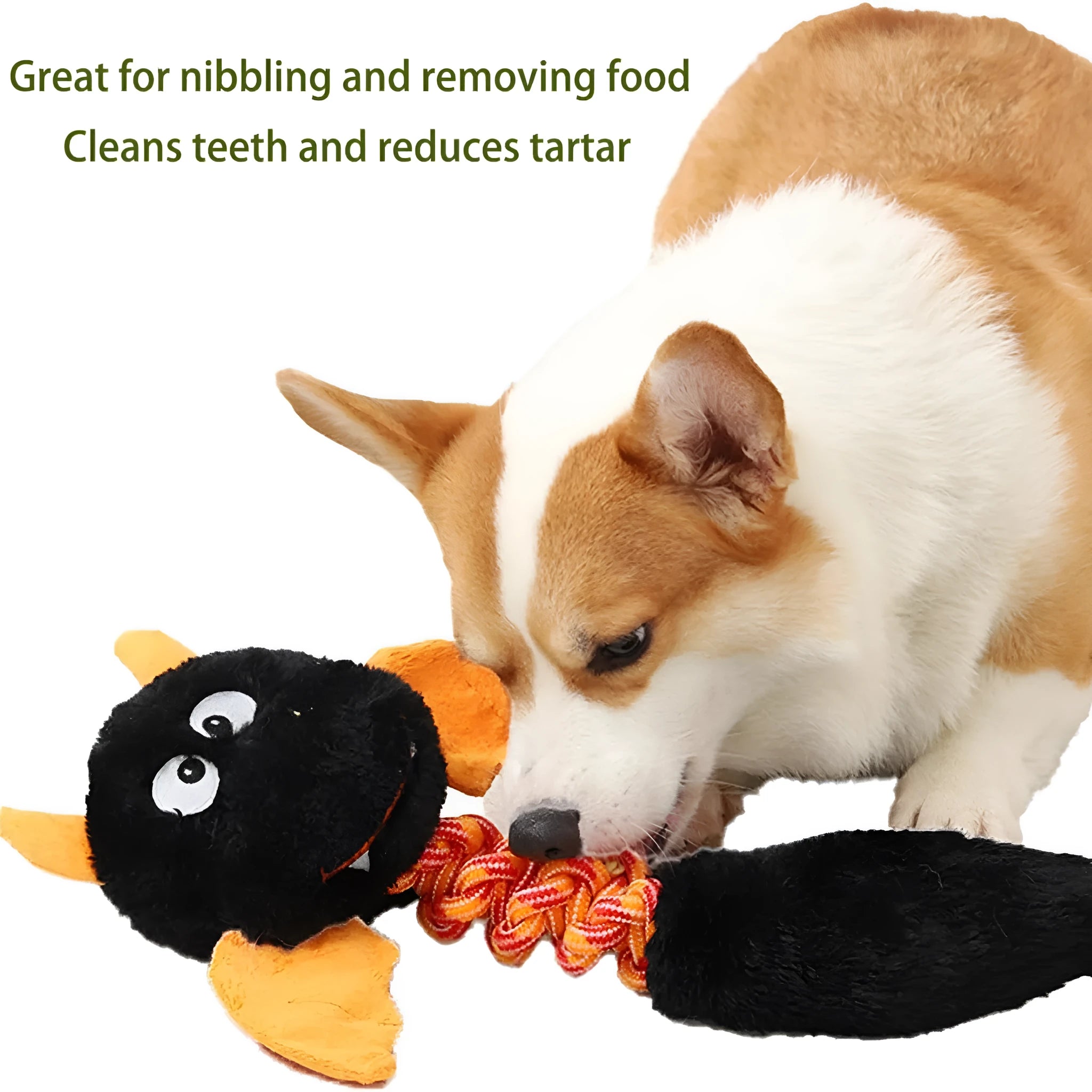 Large black plush dog toy with cartoon shape, rope knot, and squeaker for aggressive chewers.