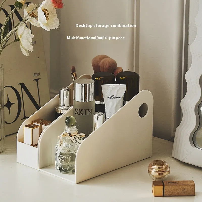 Plastic desktop storage organiser with two tiers in milk coffee colour on a desk