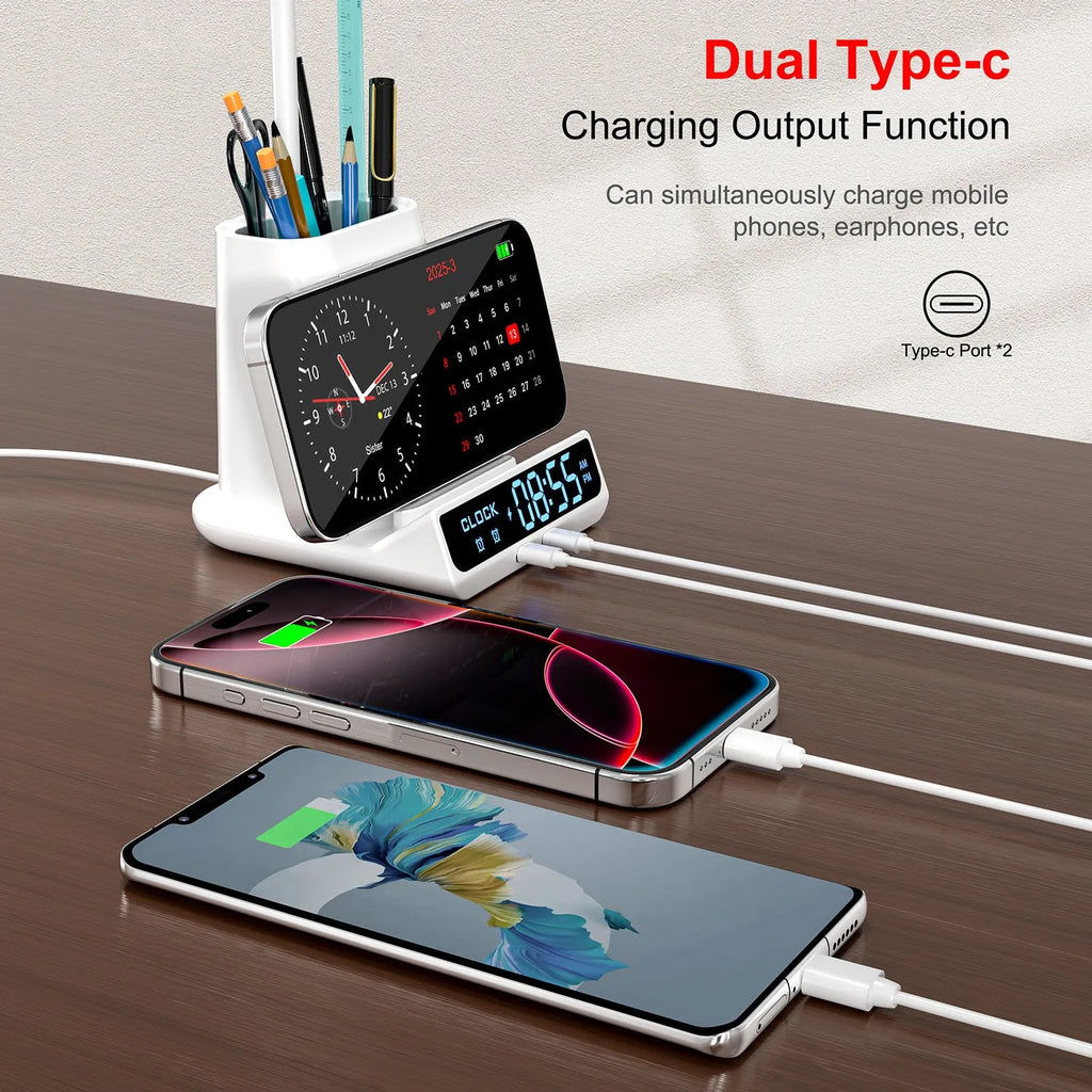 Modern wireless charging desk lamp with integrated pen holder storage compartments in black colour