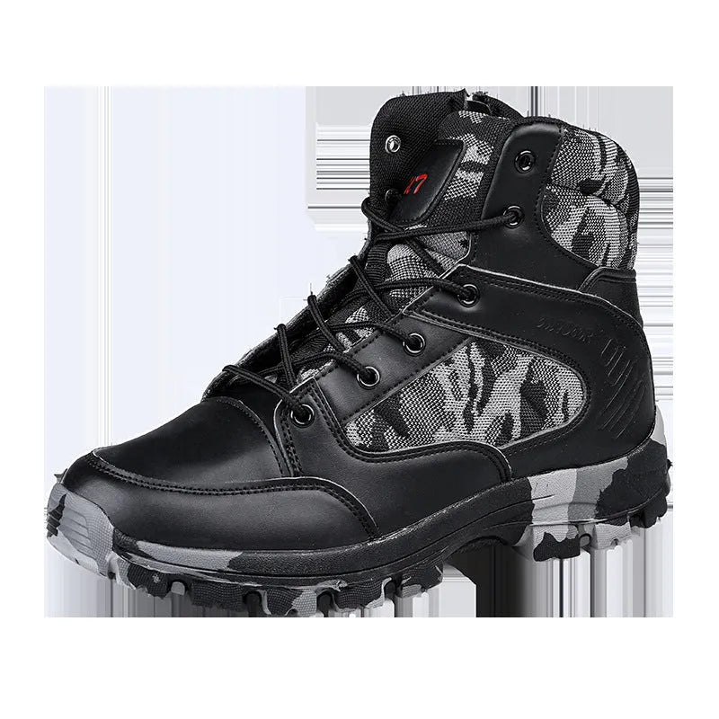 Men's black and camouflage high-top hiking shoes with PU upper and metal details.
