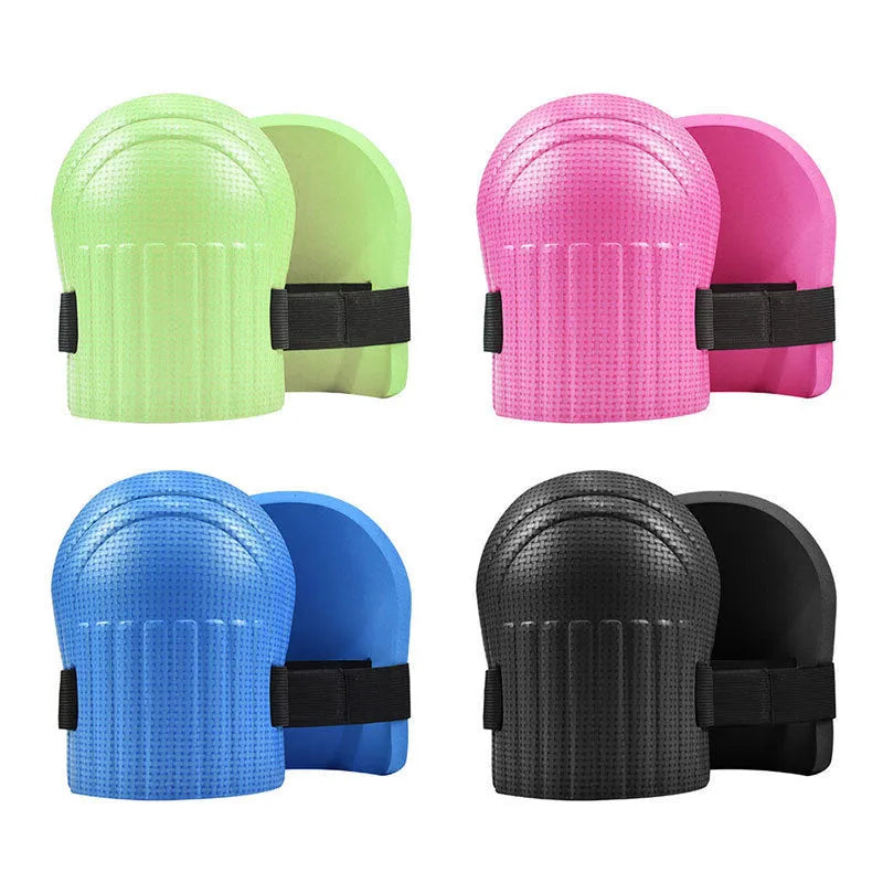 A pair of foam kneepads in four colour options: black, blue, green, and pink.