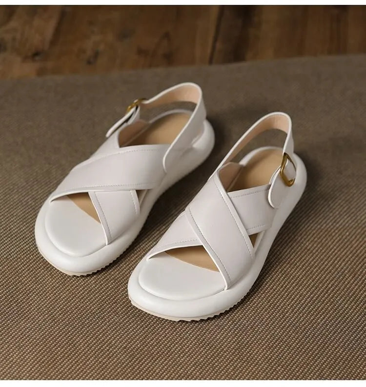 Women's flat non-slip Roman platform sandals in white with microfiber upper and polyurethane sole