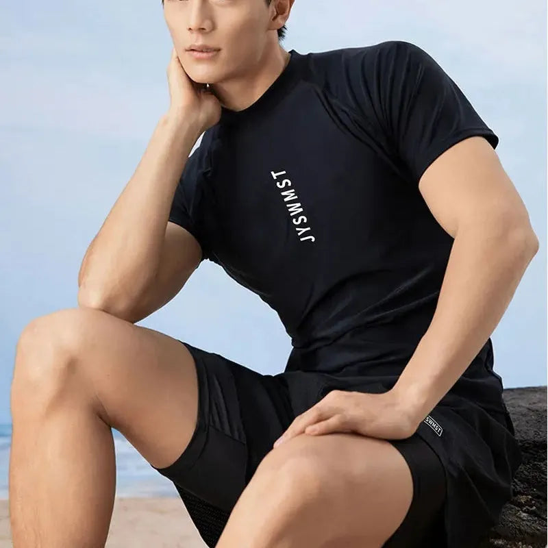 Men's plus size two-piece swim set with vest and trunks in polyester fabric.