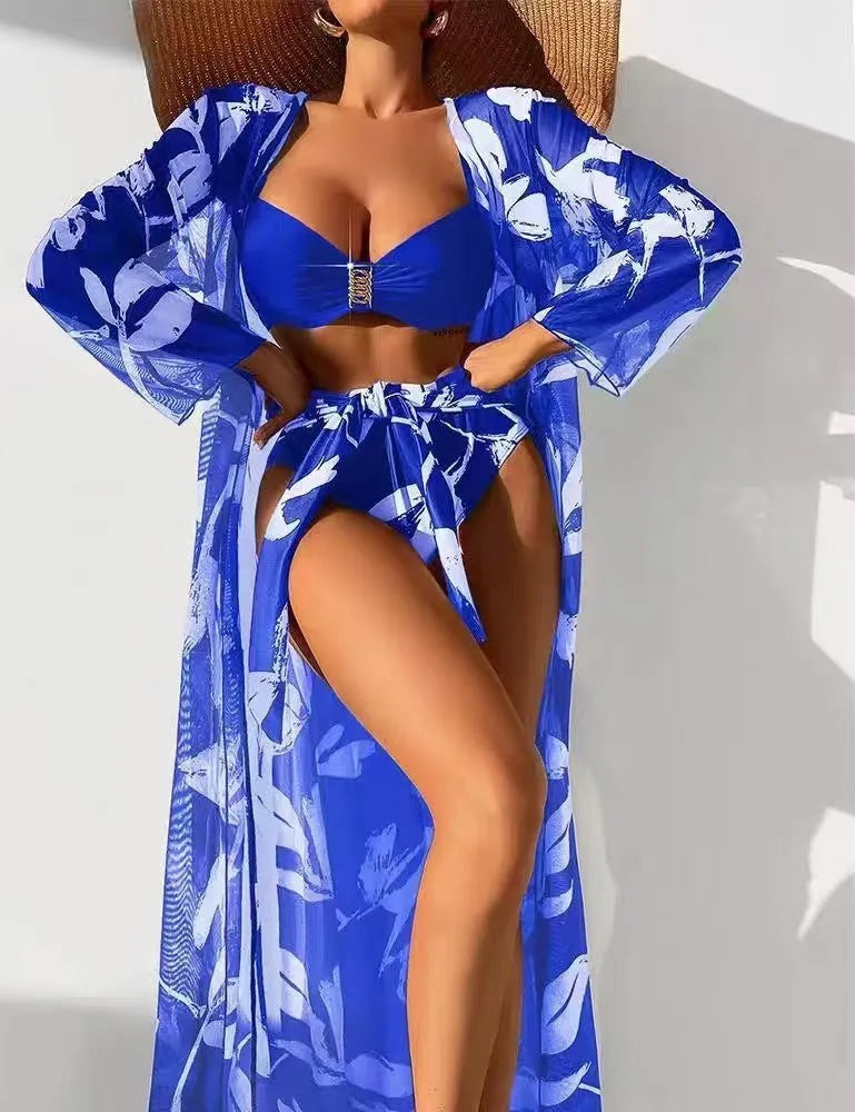 Three-piece women's printed polyester high-waist split bikini set in multiple colours for swimming