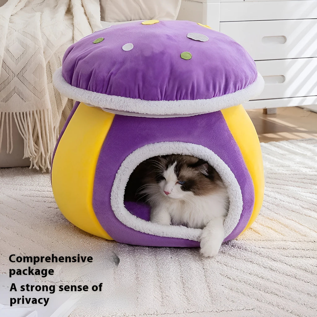 Mushroom-shaped cat nest in rabbit plush material with winter thermal design