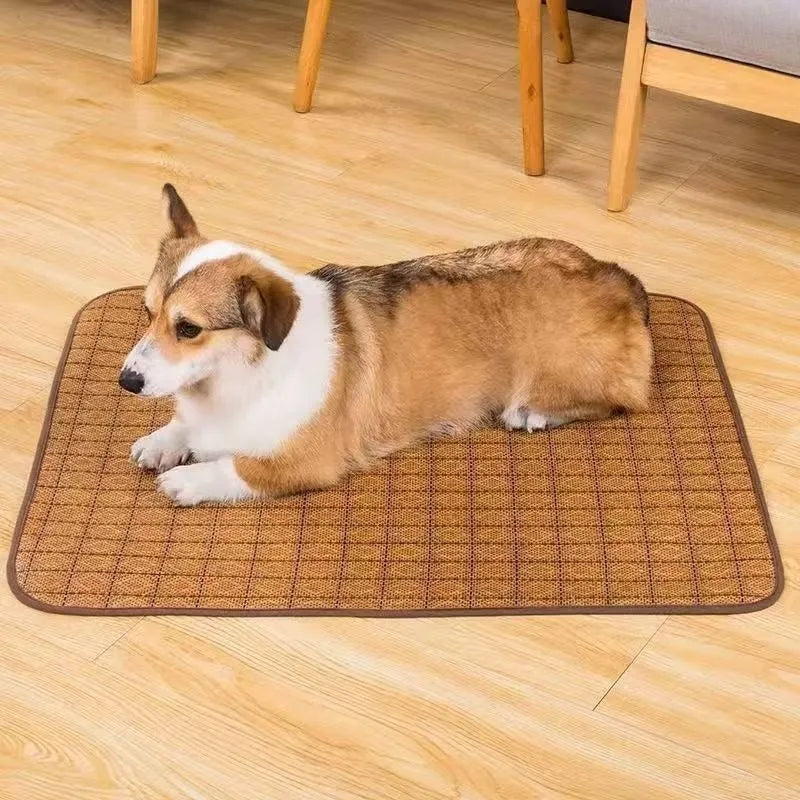 Brown rattan fibre dog cooling mat for summer, shown in a large size.