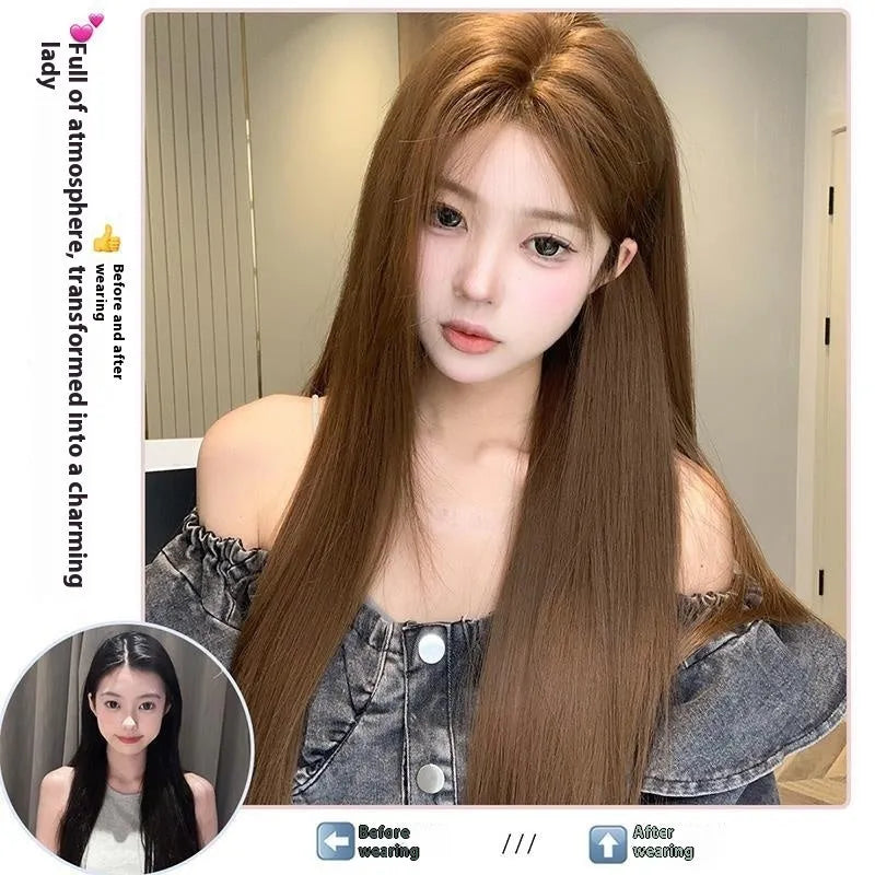Warm brown lace front wig with centre-parted bangs and long straight synthetic hair