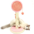 Blue sisal rope cat scratching post with a hanging ball on a sturdy wooden base.