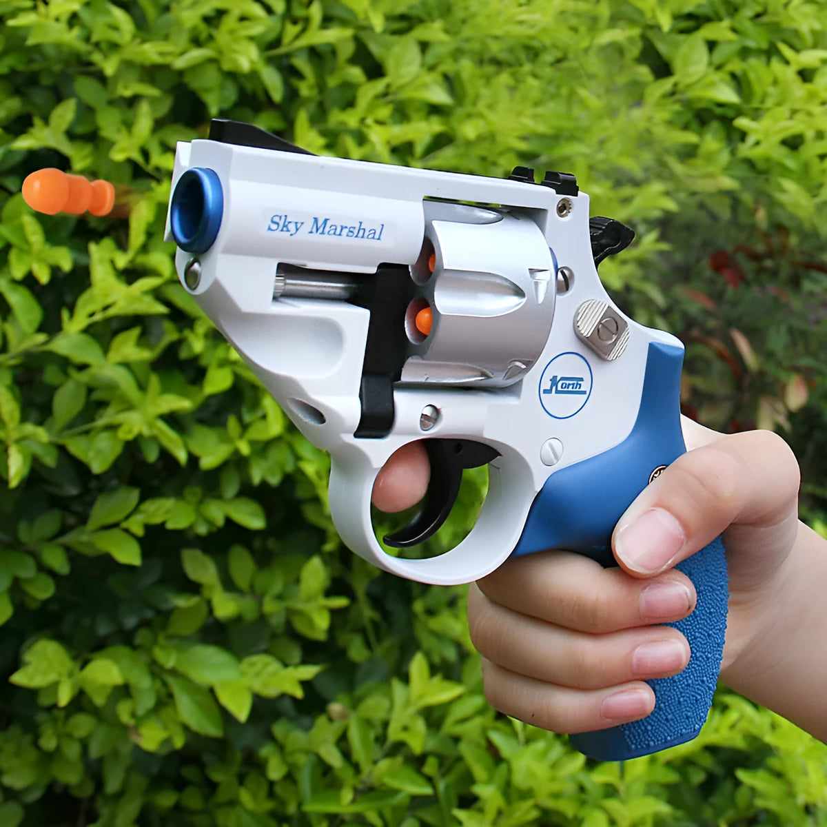 Alloy hand small gun simulation toy model in PA/nylon, sky blue colour, on display