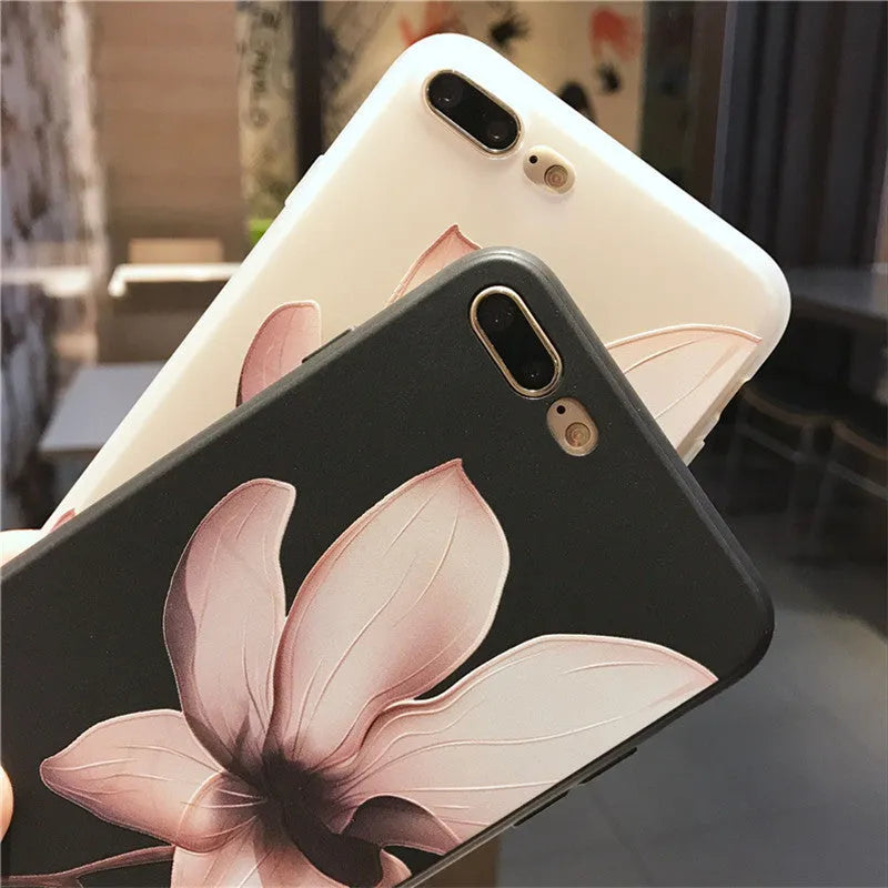 Embossed floral TPU phone case for iPhone in black and white colour options