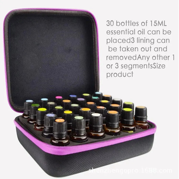 Red EVA essential oil storage bag with 30 compartments for 15ml bottles showing cube shape and zipper closure