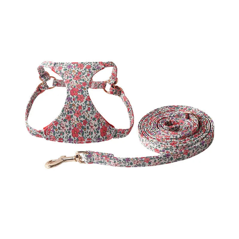 Floral series dog harness and leash set in cloth material with multiple colour options