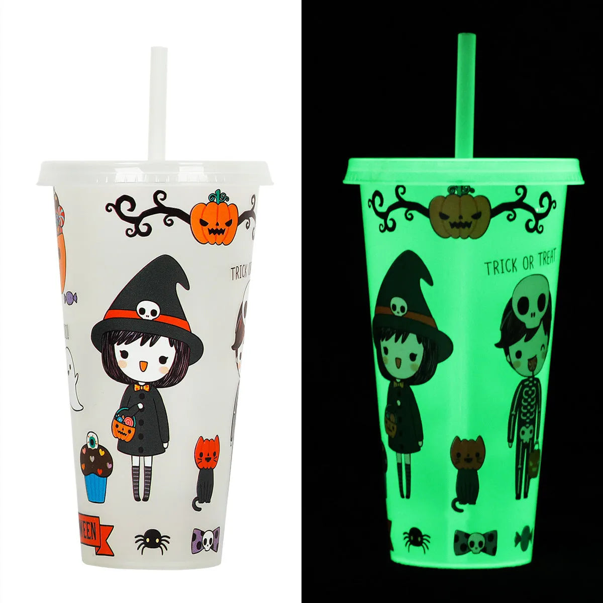A tall 720ml plastic Halloween-themed cup with a luminous straw, shown in one of six available colours.