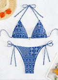 Women's polyester split bikini swimsuit with bandage-style stitching in multiple colour options