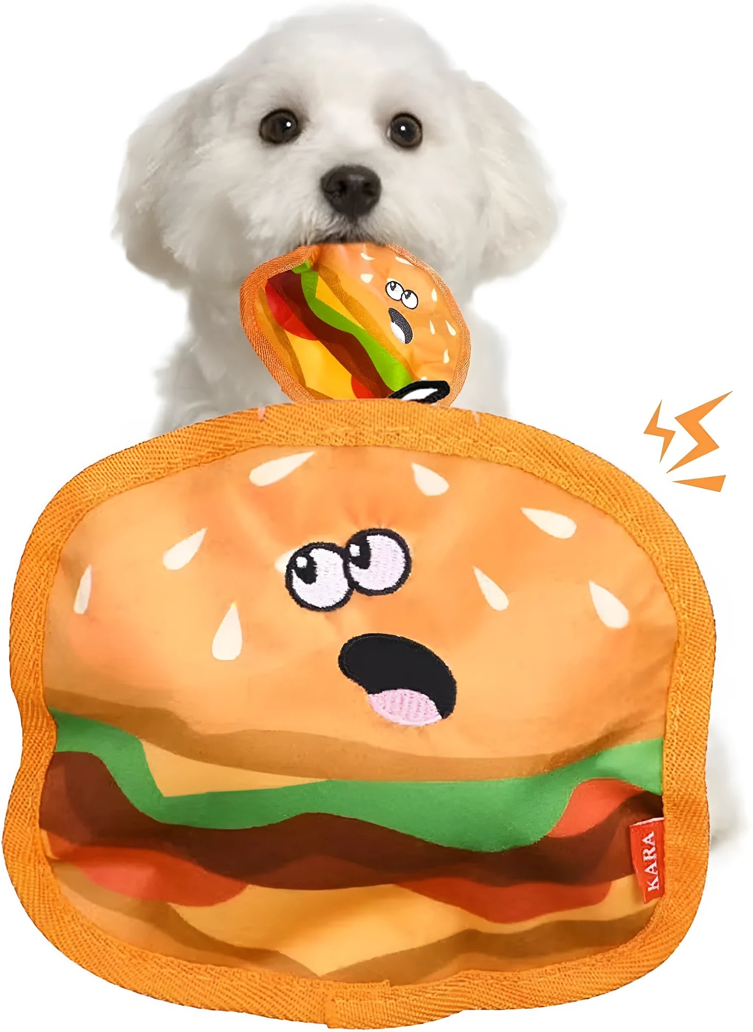 Colourful hamburger, fries, hot dog, and pizza shaped crinkle and squeaky dog toys