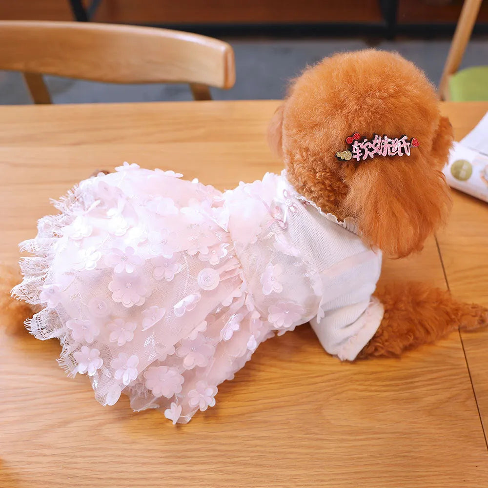 Dog clothes skirt for small dogs made from polyester fibre and lace in size L or XL with three-dimensional lace skirt