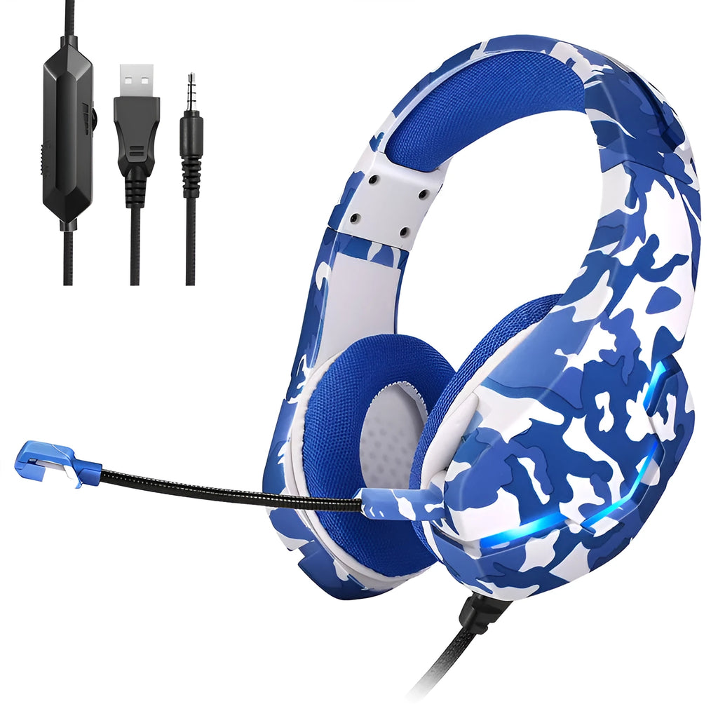 Wired gaming headset with cloth ear cushions and braided cable in camouflage blue colour with adapter.