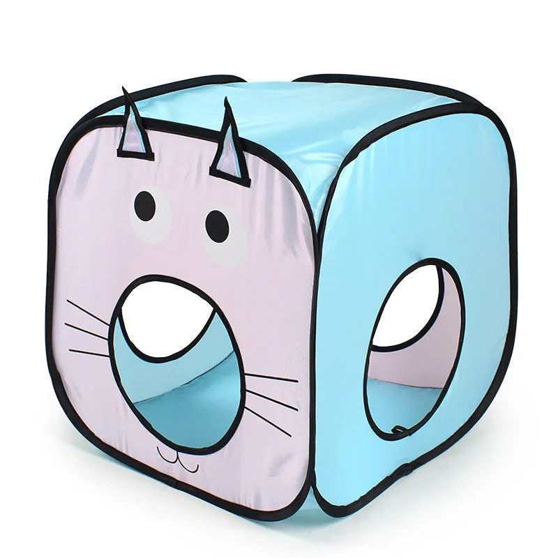 Foldable pet tent and tunnel set for cats in a cat and fish print design.
