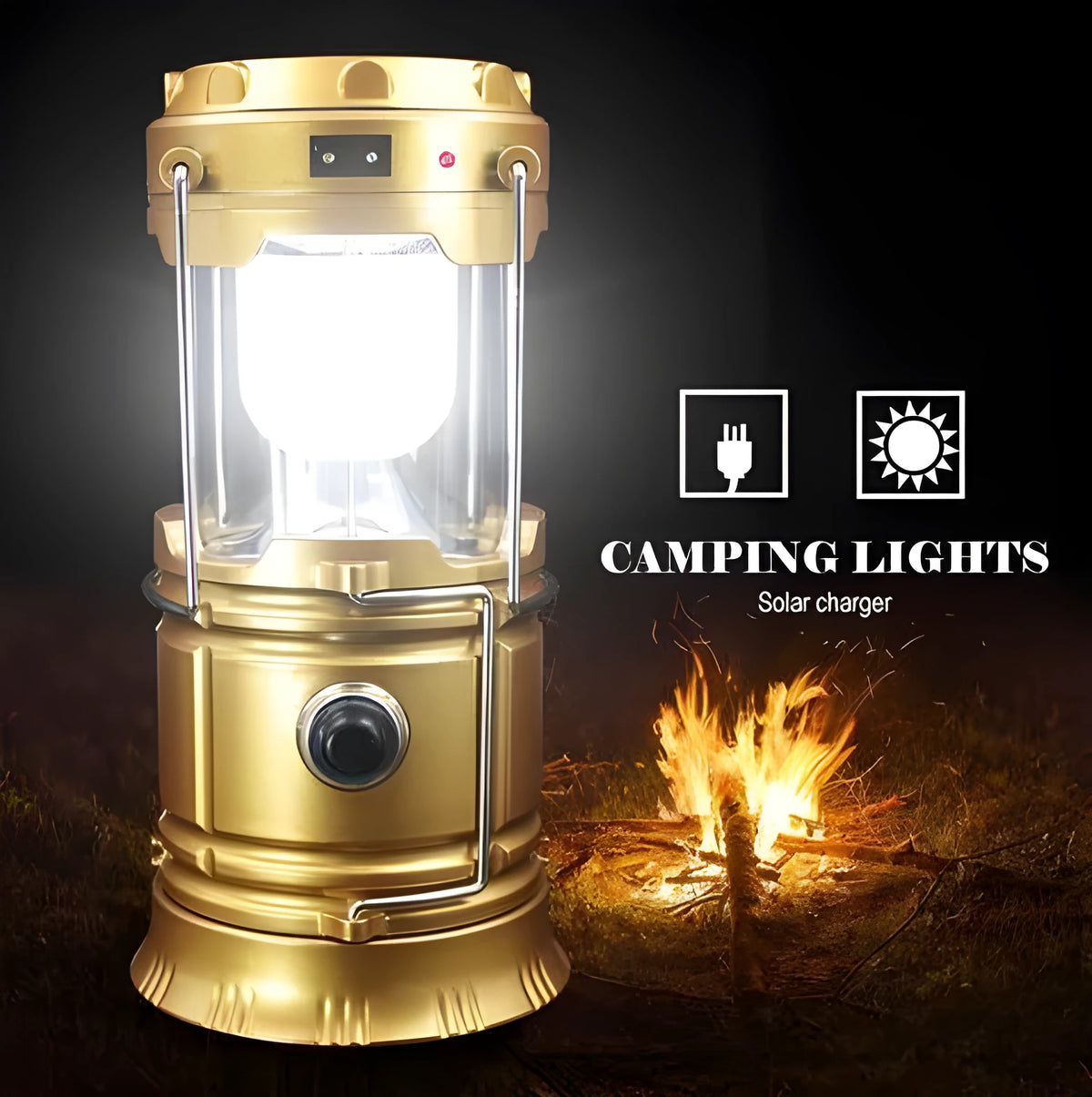 LED solar camping lantern collapsible with reflective lenses and rubber handle, 9x13x7.5cm, water resistant ABS construction