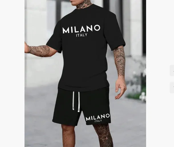 Men's two-piece short sleeve suit set in polyester with round neck pullover top and matching shorts