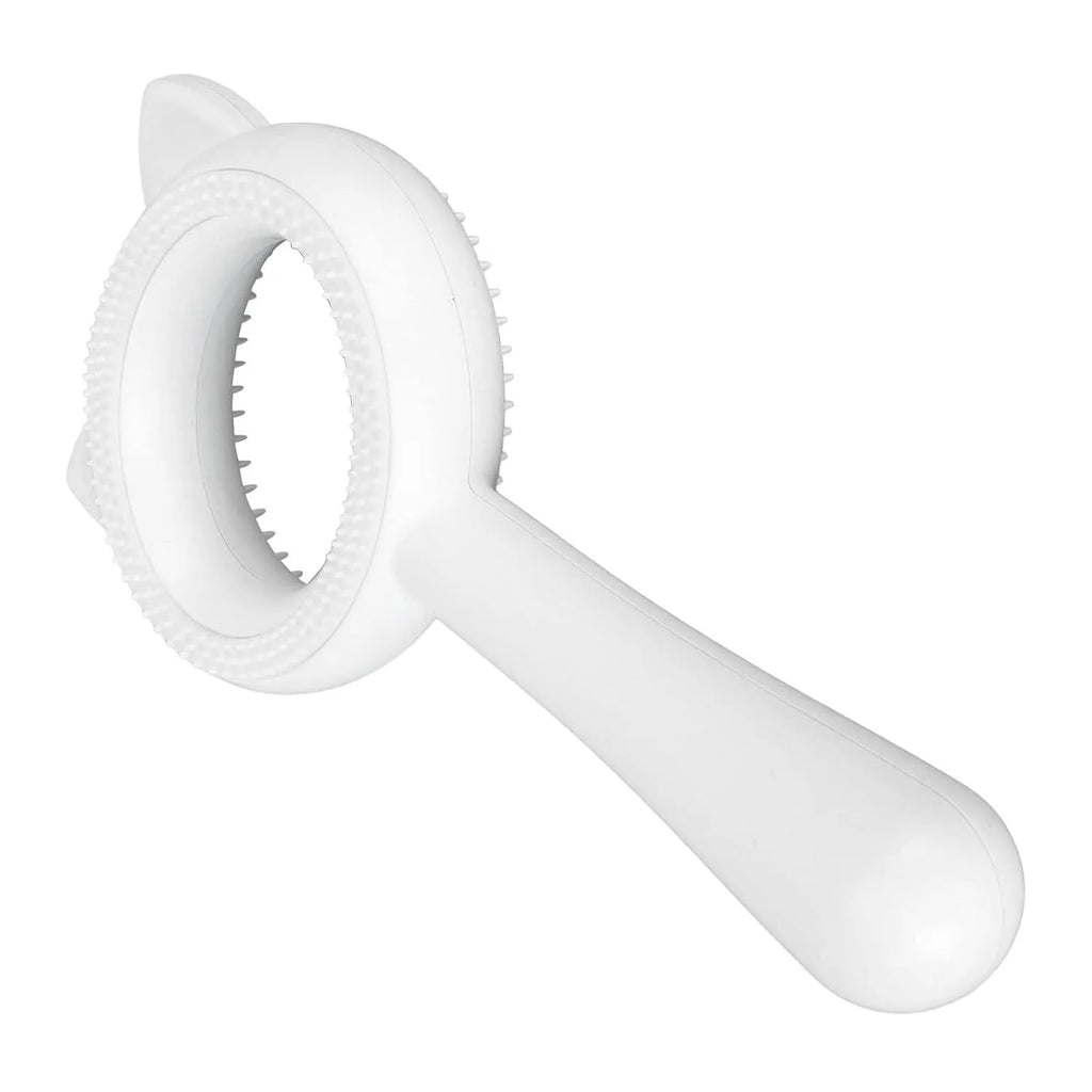 Blue and white dual-sided pet grooming brush with ergonomic handle for cats and dogs