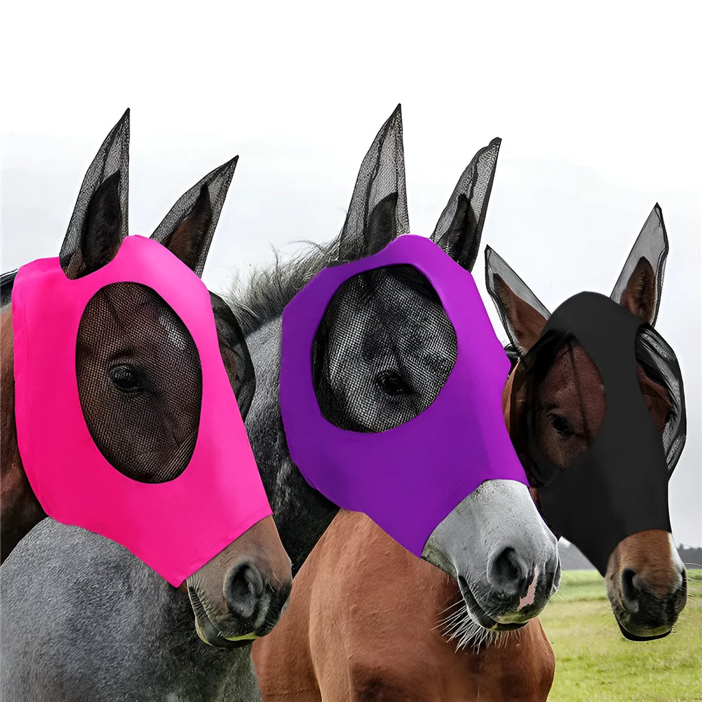 Lycra horse fly mask with ears in a check pattern, available in black blue grey purple rose red, for trail and pasture use.