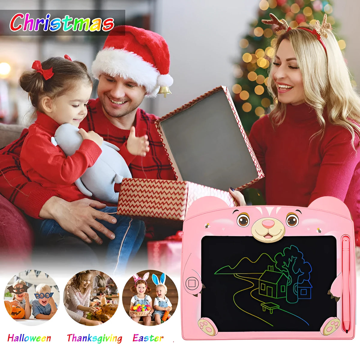 Cartoon children's LCD handwriting drawing board in sky blue, showing a doodle on the 230mm screen with stylus