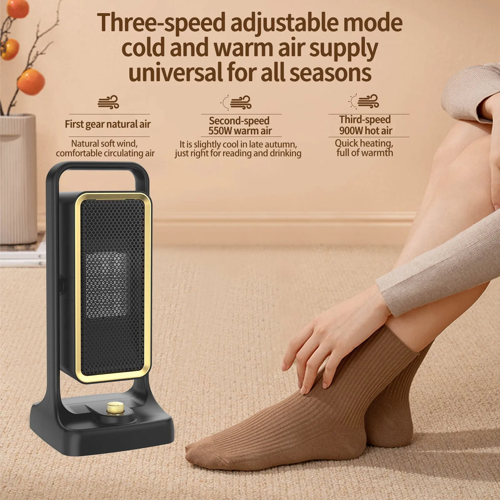 Black PTC ceramic desktop air heater with knob control showing EU UK US plug options