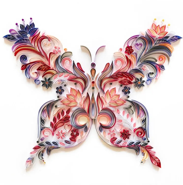 20 inch handmade butterfly quilling paper ornament with assembly tools on blue background