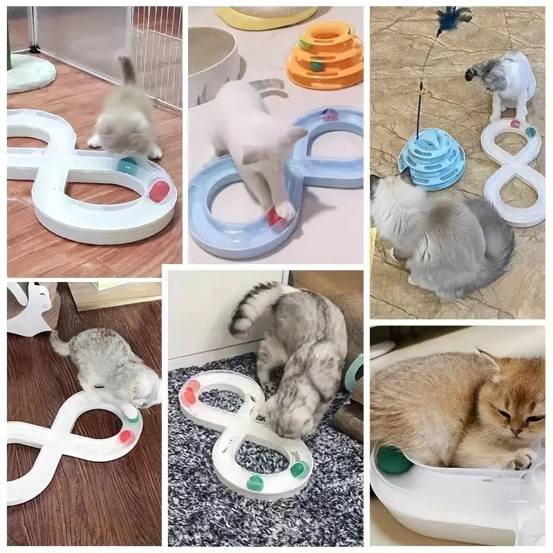 Blue and white interactive cat toy set with turntable track, ball, and teasing stick on floor