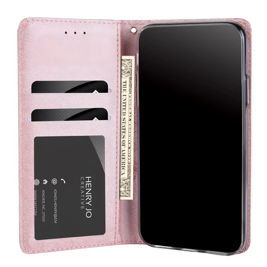 PU leather flip phone case for Apple iPhone with integrated card slots in multiple colours.