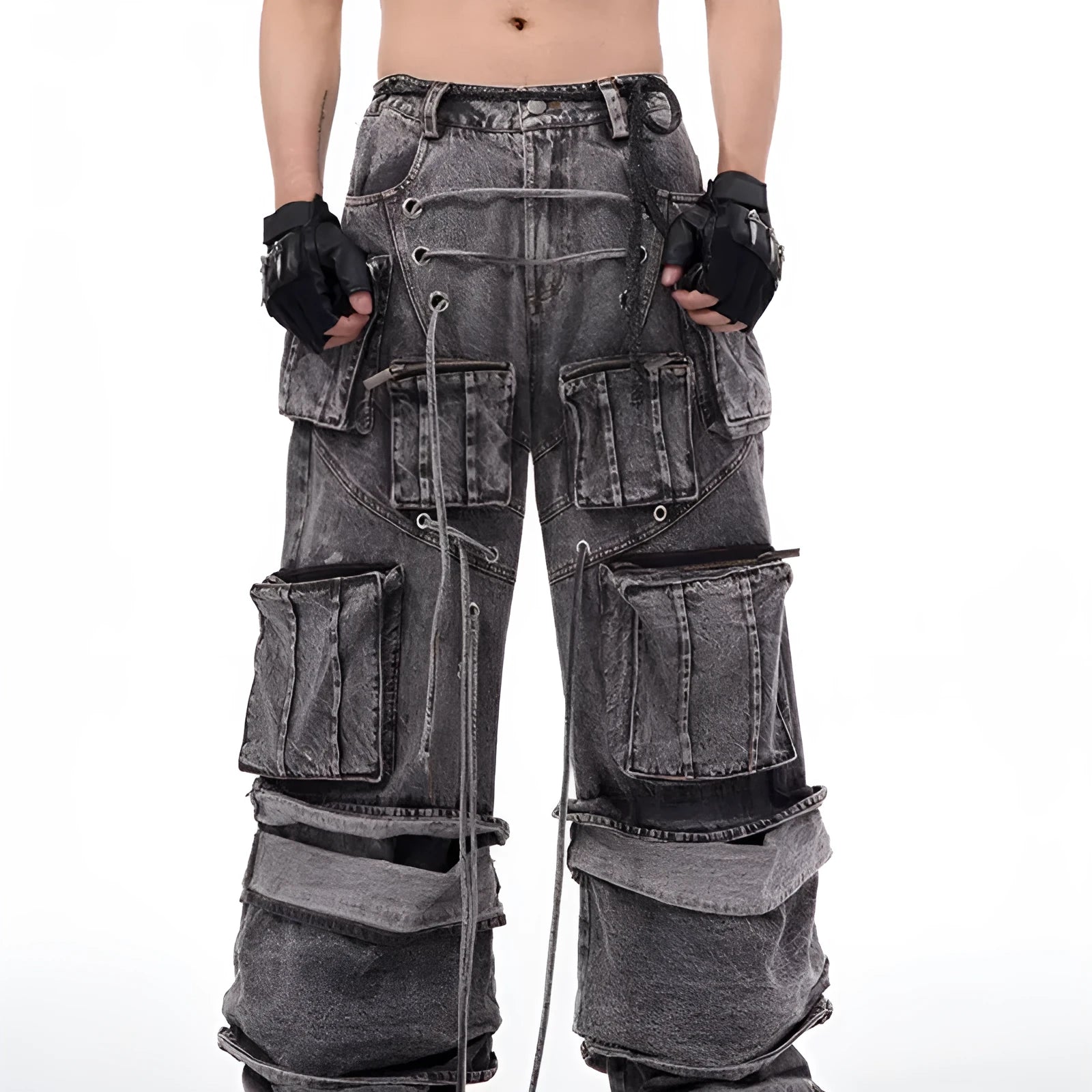 Grey distressed cotton denim mop pants with rope stitching, shown in a relaxed fit.