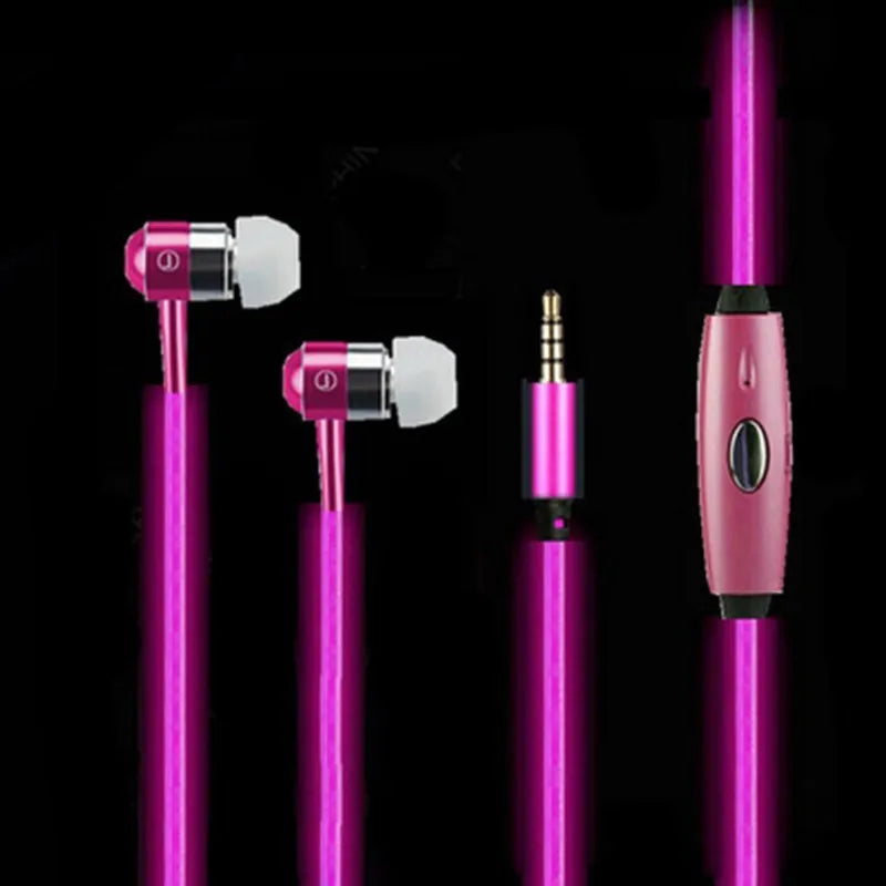 Blue Magic Light LED earphones with illuminated aluminium alloy shells showing EL light lines