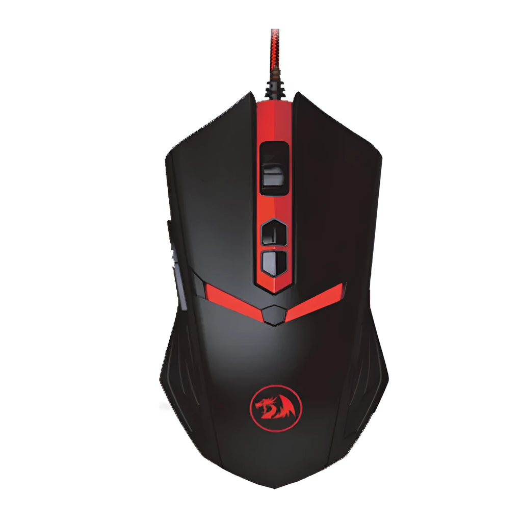 Black and red wired USB gaming mouse on a desk