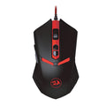 Black and red wired USB gaming mouse on a desk