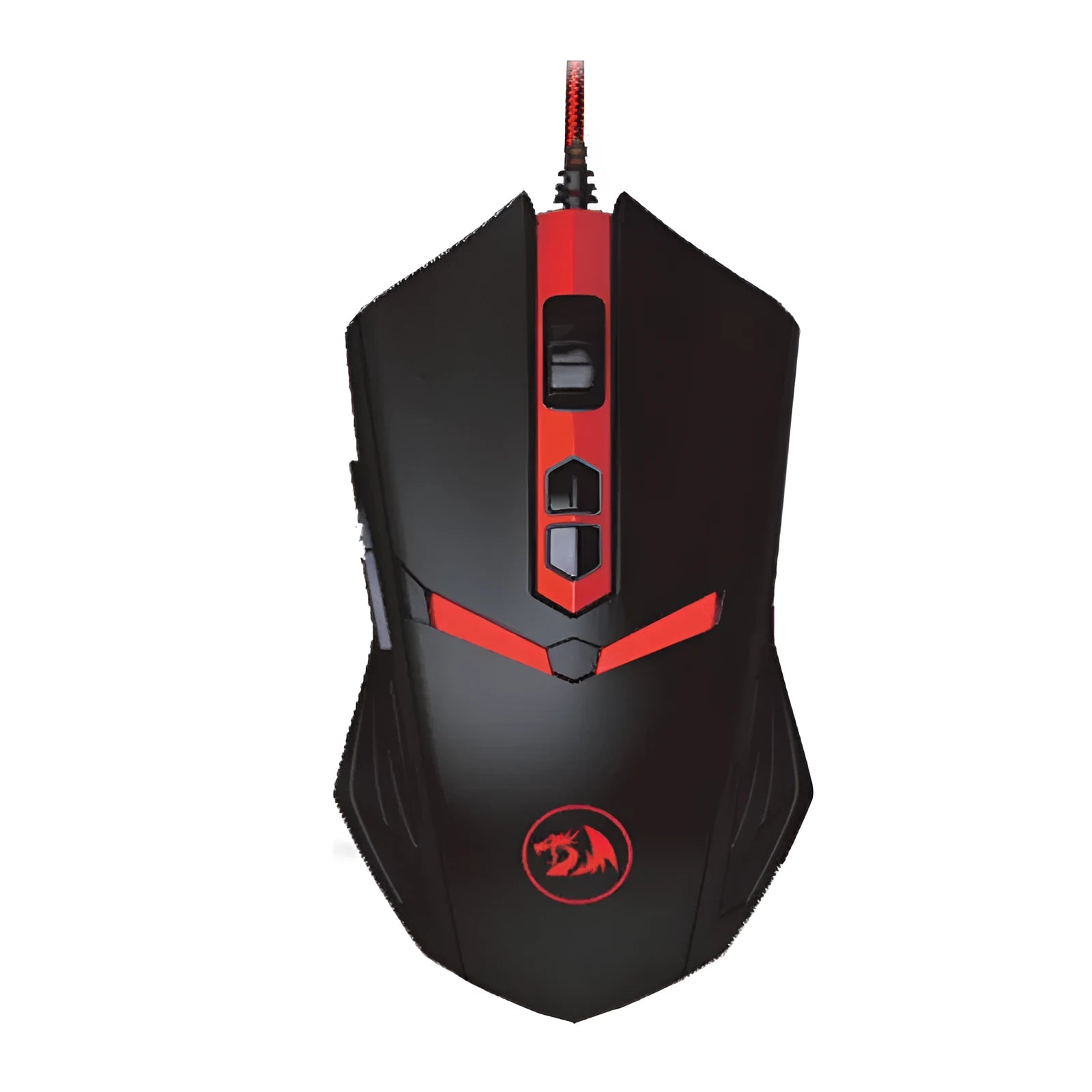 Black and red wired USB gaming mouse on a desk