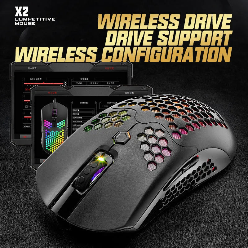 Free Wolf X2 wireless RGB gaming mouse with honeycomb shell in multiple colours on a desk.