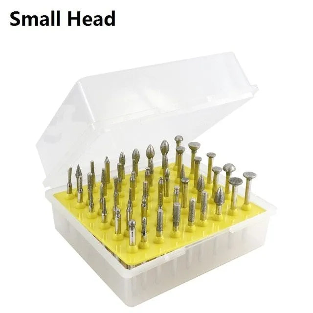 Set of alloy emery grinding heads with elliptical cone shape and 3mm shank.