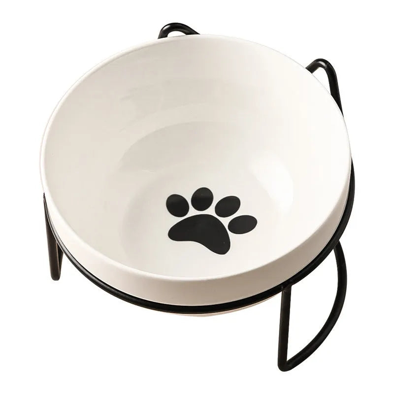 White ceramic cat bowl with iron frame in cat footprints design