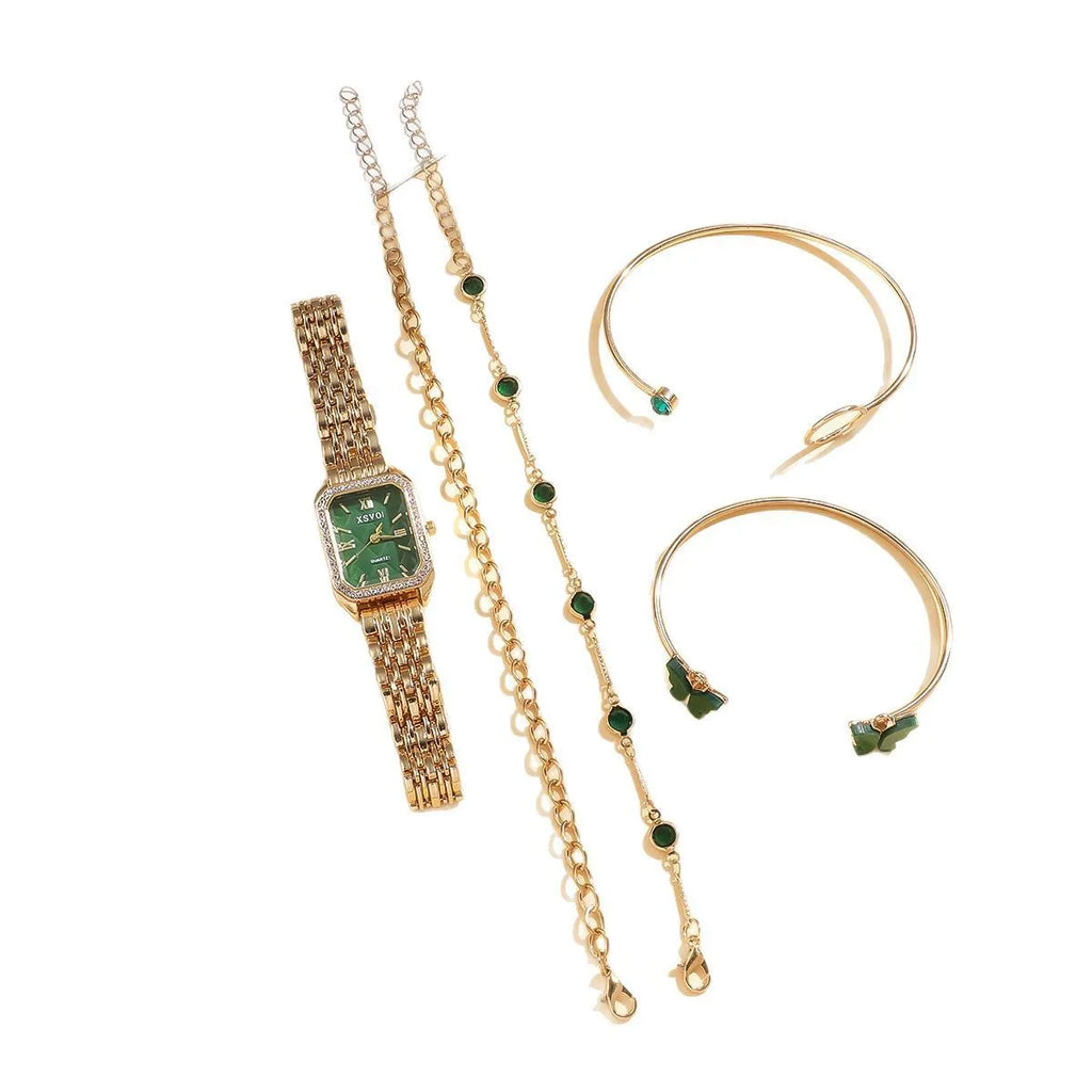 Gold green square watch with four matching bracelets, 25mm dial, jewellery buckle
