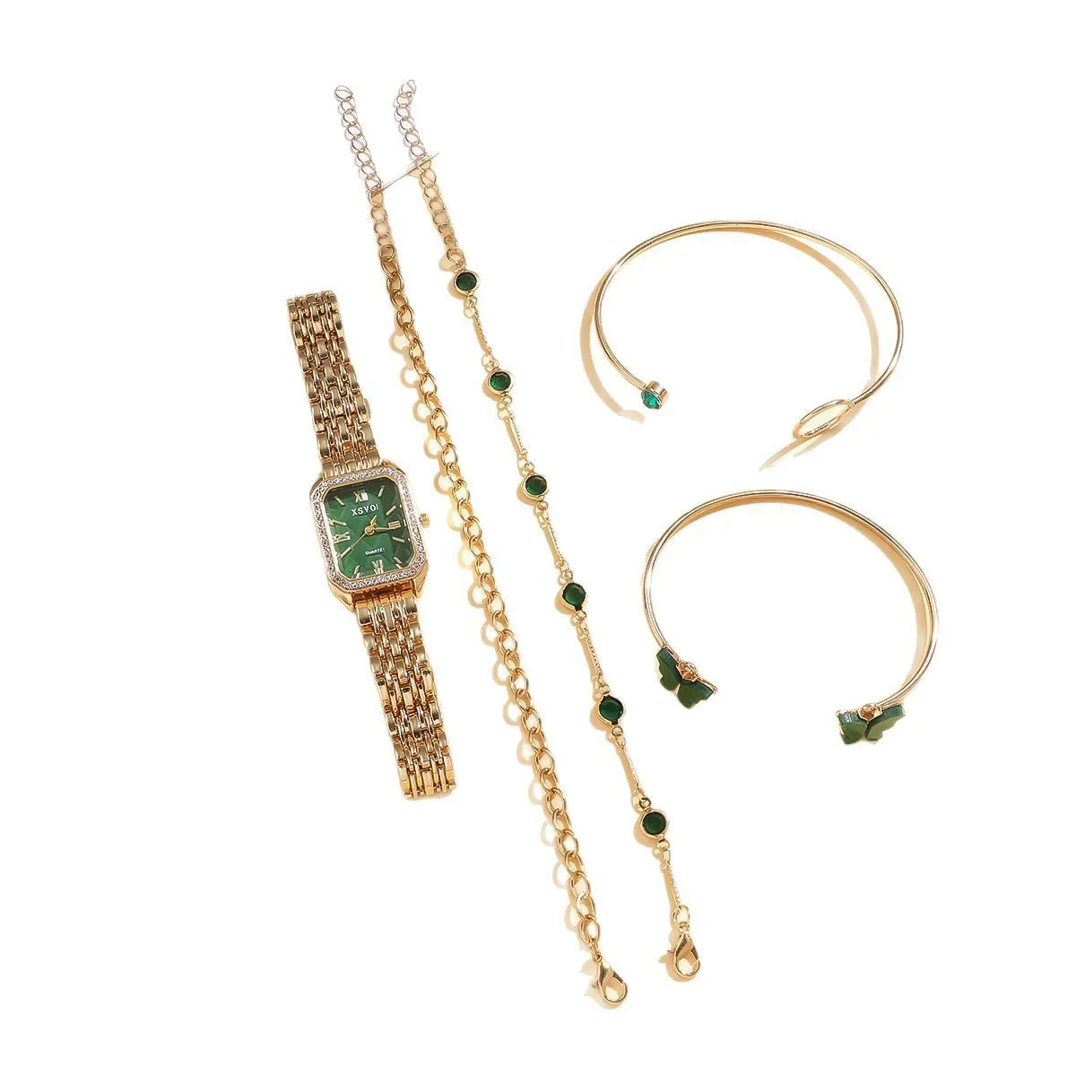 Gold green square watch with four matching bracelets, 25mm dial, jewellery buckle