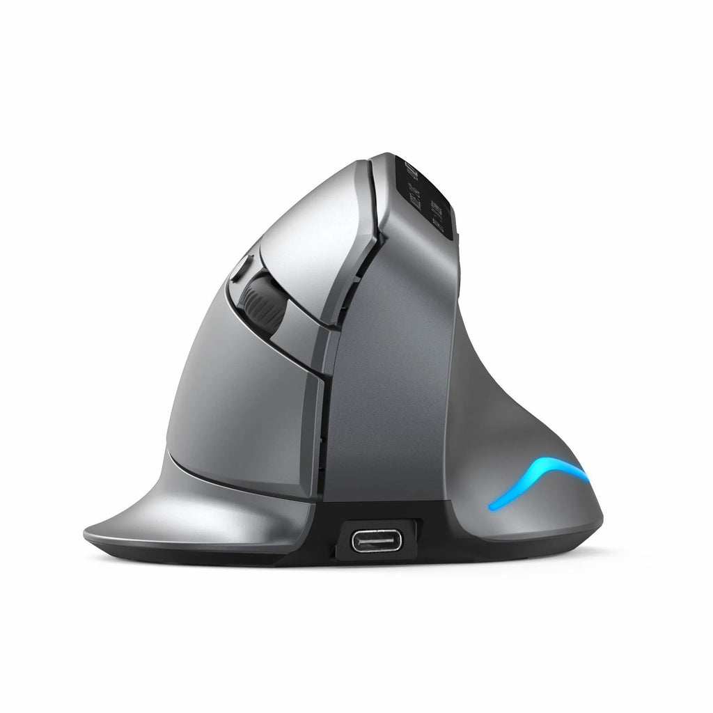 Grey vertical ergonomic mouse with Bluetooth and wireless charging capabilities
