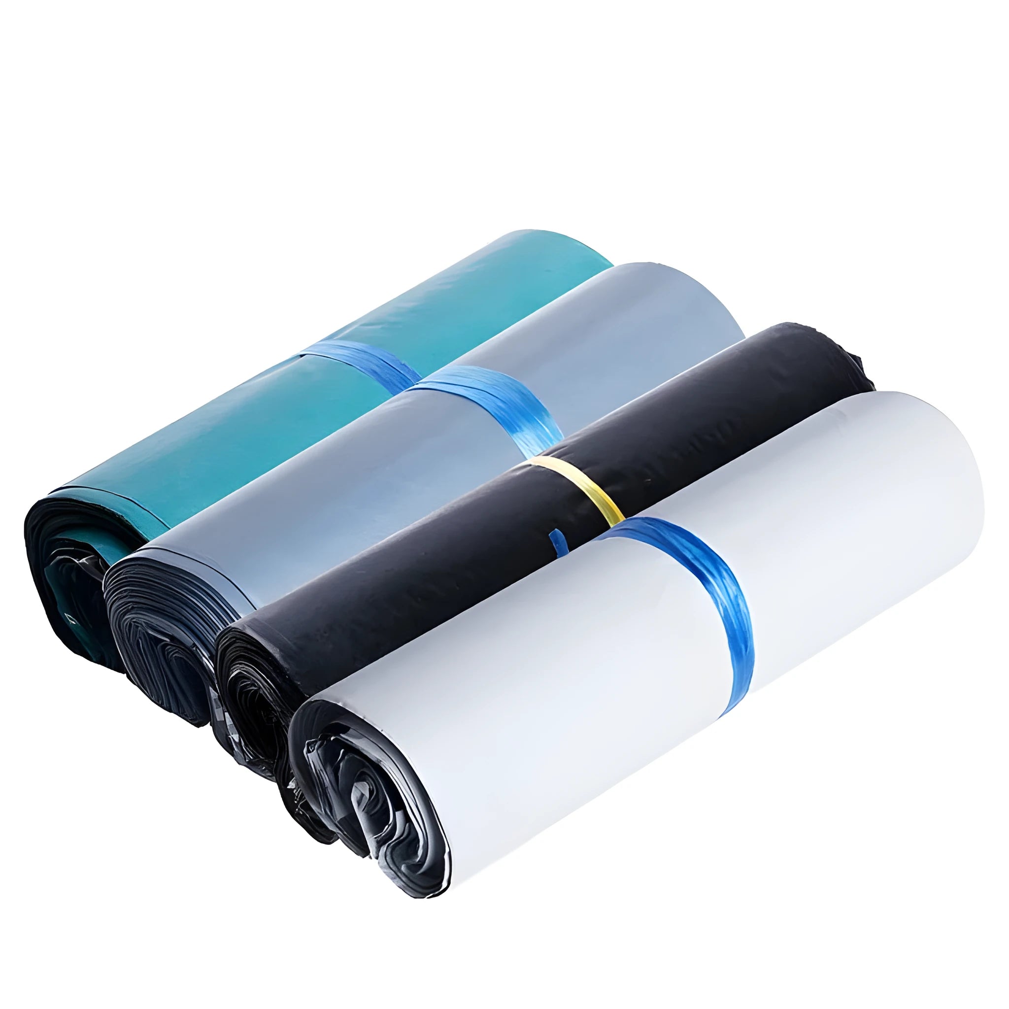 A pack of 100 clear PE courier bags for clothing with adhesive seals, shown in different sizes and colours.