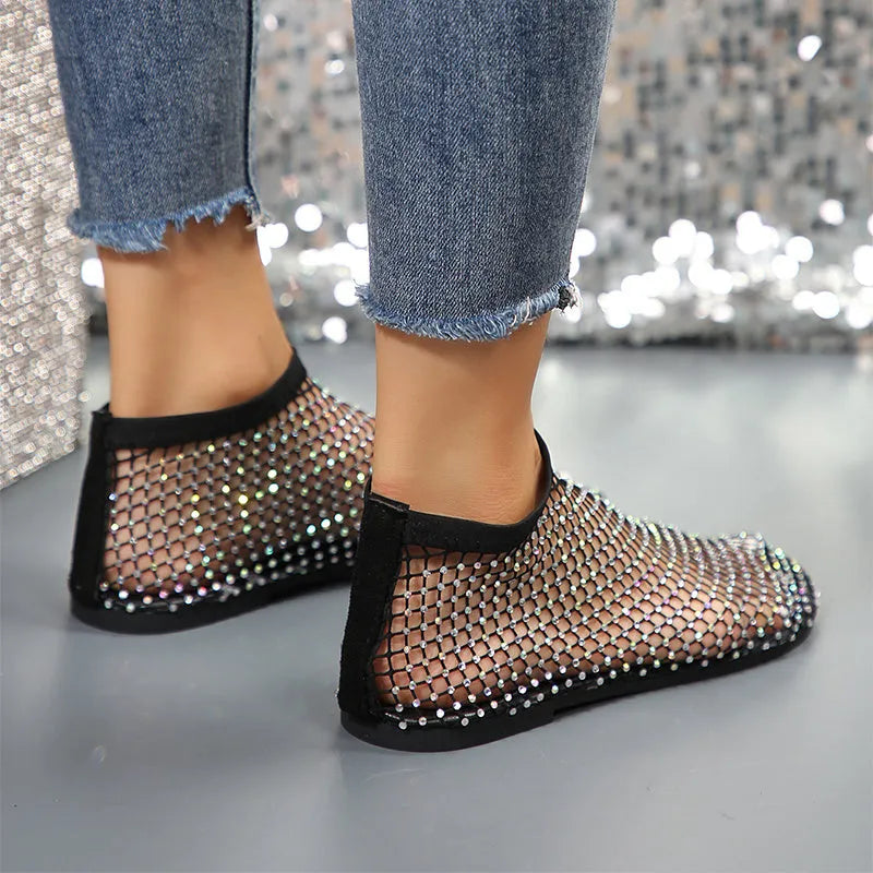 Hollow flat sandals with rhinestone design for women mesh upper round toe beige black summer shoes