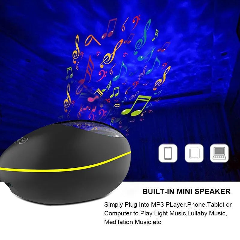 Black ocean wave projector LED night light with Bluetooth speaker and remote control on a table