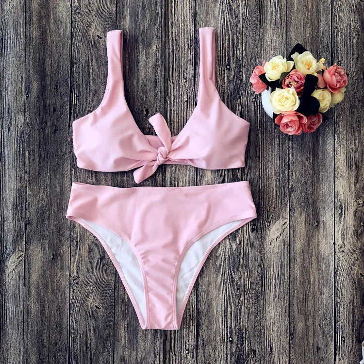 Pure colour bikini swimsuit set in black, pink, red, white, or wine red with traditional two-piece design